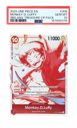 2025 One Piece Promotional Cards 3rd Anniversary Treasure Campaign Pack Monkey D. Luffy #ST10-006 PSA 10