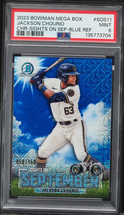 2023 Bowman Chrome Mega Box Sights On September Blue Refractor Jackson Chourio /150 #11 PSA 9