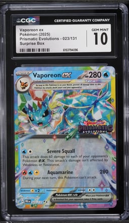 2025 Pokemon Scarlet & Violet Prismatic Evolutions Surprise Box Holo Vaporeon Ex #23 CGC 10 GEM