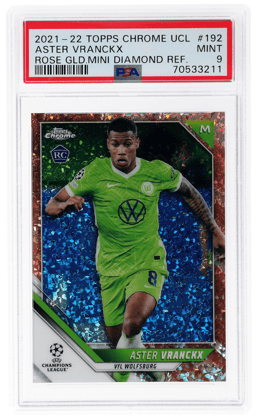 2021 Topps Chrome UEFA Champions League Rose Gold Mini Diamond Refractor Aster Vranckx #192 21/125 PSA 9