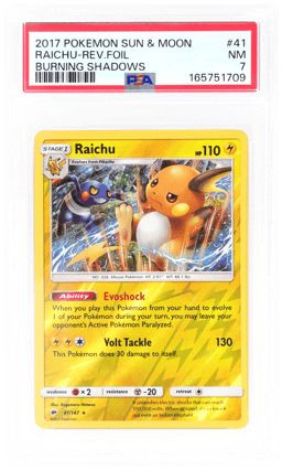 2017 Pokemon Sun and Moon Burning Shadows Reverse Holo Raichu #41 PSA 7