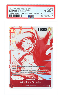 2025 One Piece Promotional Cards 3rd Anniversary Treasure Campaign Pack Monkey D. Luffy #ST10-006 PSA 10