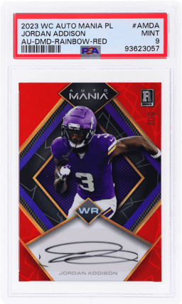2023 Wild Card Auto Mania Pro Look Autograph Rainbow Red Jordan Addison #AMDA 7/10 PSA 9
