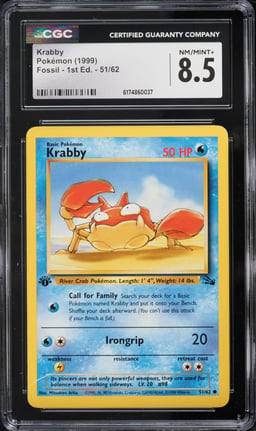 1999 Pokemon Fossil 1st Edition Krabby #51 CGC 8.5 NM-MT+