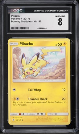 2017 Pokemon Sun & Moon Burning Shadows Pikachu #40 CGC 8 NM-MT