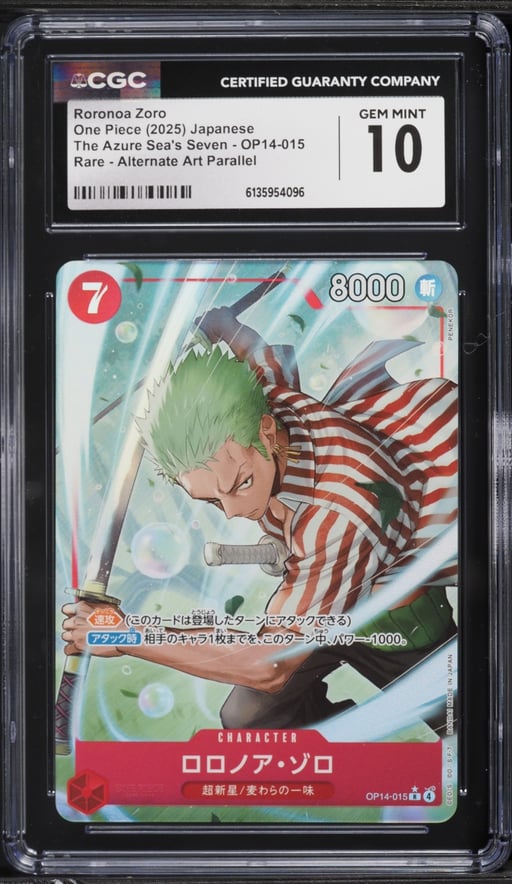 2025 One Piece Japanese The Azure Sea's Seven Alt Art Roronoa Zoro #OP14-015 CGC 10 GEM MINT