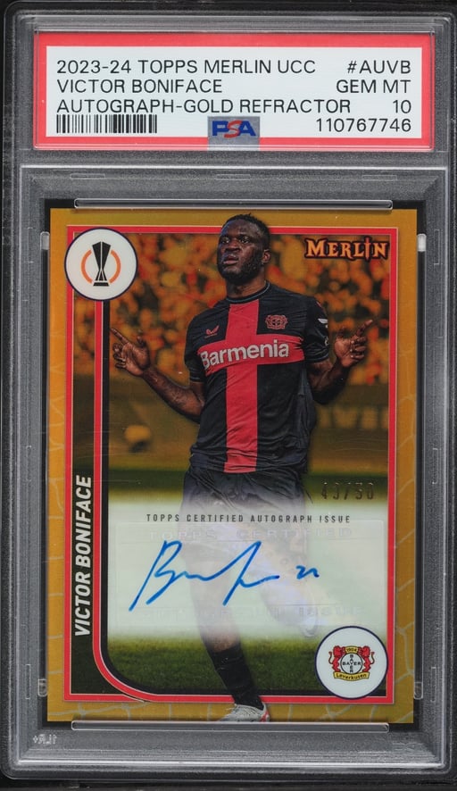 2023 Topps Merlin UEFA Club Competitions Gold Ref Victor Boniface AUTO /50 #AUVB PSA 10