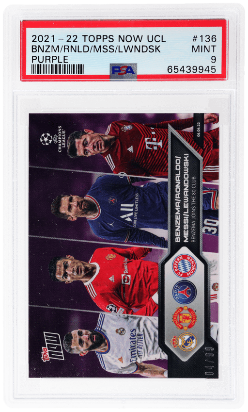 2021 Topps Now UEFA Champions League Purple Cristiano Ronaldo/Karim Benzema/Lionel Messi/Robert Lewandowski #136 4/99 PSA 9