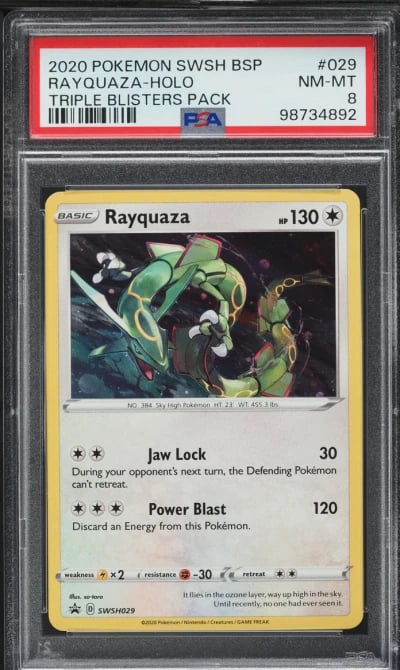 2020 Pokemon SWSH Black Star Promo Triple Blisters Holo Rayquaza #29 PSA 8 NM-MT