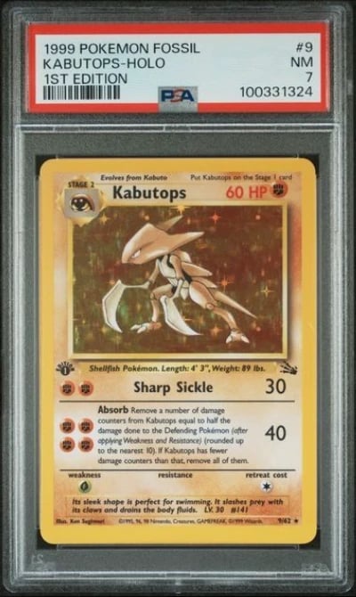 1999 Kabutops 1st Edition Holo Rare #9 Fossil Near Mint PSA 7