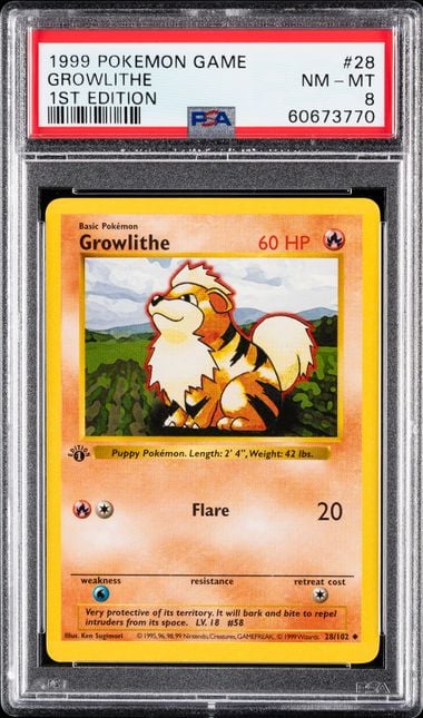 1999 POKEMON GAME #28 GROWLITHE 1ST EDITION PSA 8