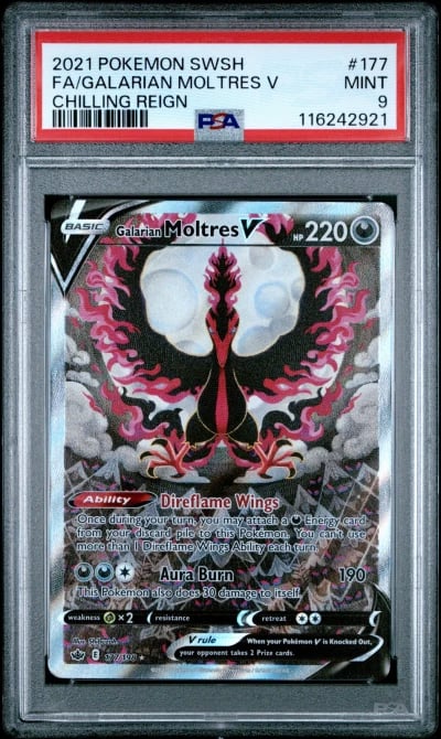 2021 POKEMON SWORD & SHIELD CHILLING REIGN FULL ART/GALARIAN MOLTRES V PSA 9