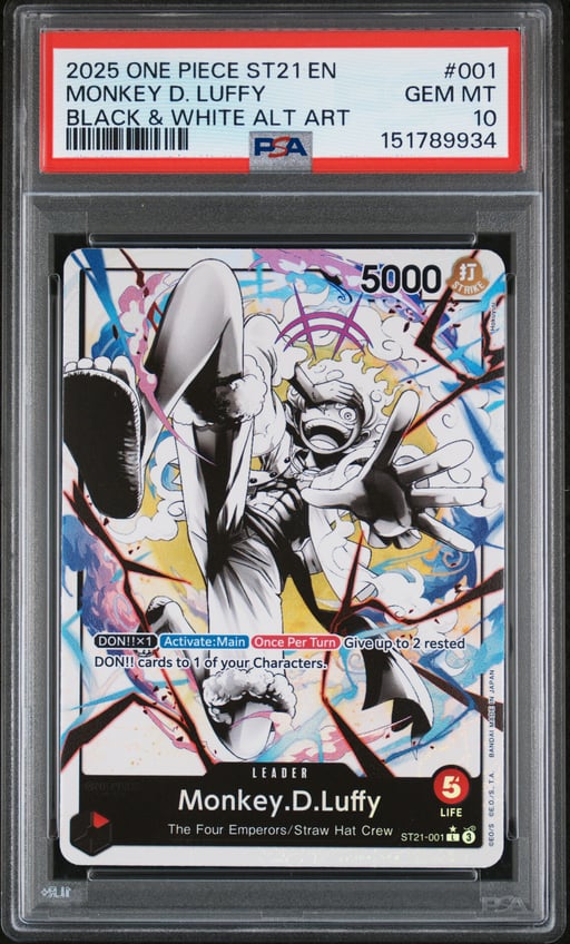 2025 ONE PIECE STARTER DECK ST21-EX GEAR 5 001 MONKEY D. LUFFY BLACK & WHITE ALTERNATE ART PSA 10