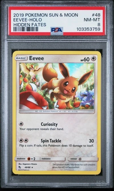 2019 POKEMON SUN & MOON HIDDEN FATES #48 EEVEE-HOLO PSA 8