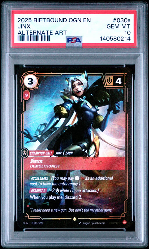 2025 RIFTBOUND: LEAGUE OF LEGENDS OGN-ORIGINS 030a JINX - DEMOLITIONIST ALTERNATE ART PSA 10