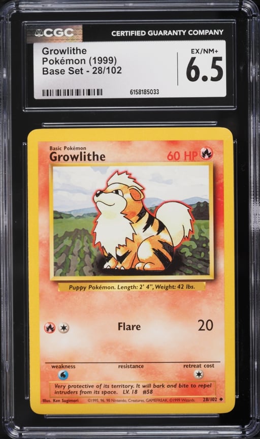 1999 Pokemon Base Set Growlithe #28 CGC 6.5 EXMT+