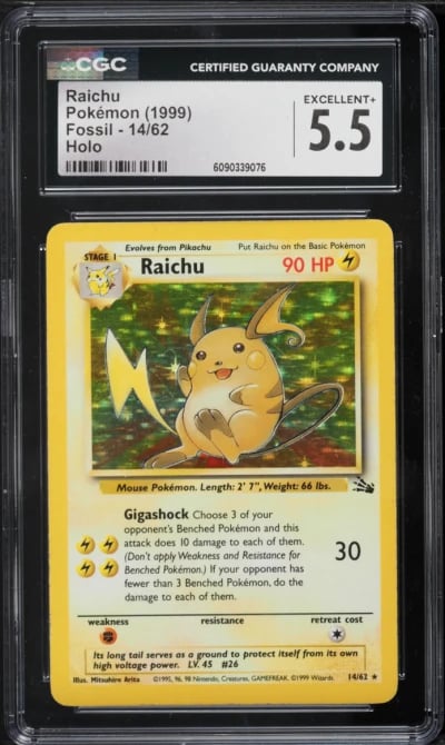 1999 Pokemon Fossil Holo Raichu #14 CGC 5.5 EX+