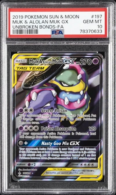 2019 POKEMON SUN & MOON UNBROKEN BONDS #197 FULL ART/MUK & ALOLAN MUK GX PSA 10