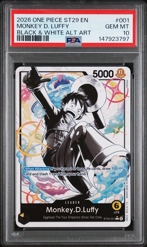 2026 ONE PIECE STARTER DECK ST29-EGGHEAD 001 MONKEY D. LUFFY BLACK & WHITE ALTERNATE ART PSA 10