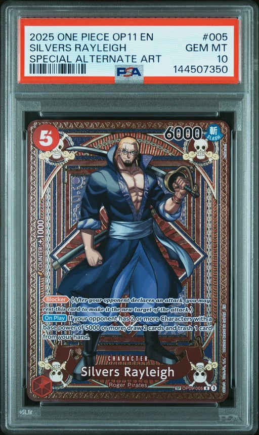 2025 ONE PIECE OP11-A FIST OF DIVINE SPEED 005 SILVERS RAYLEIGH SPECIAL ALTERNATE ART PSA 10
