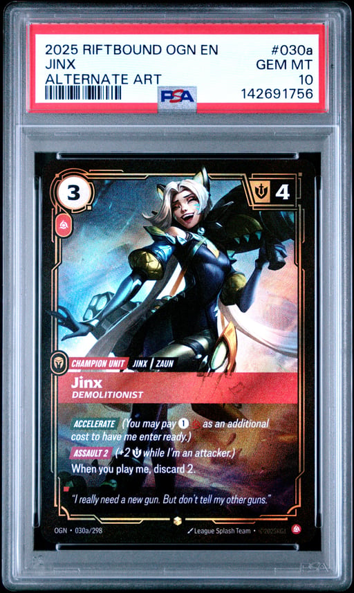 2025 RIFTBOUND: LEAGUE OF LEGENDS OGN-ORIGINS 030a JINX - DEMOLITIONIST ALTERNATE ART PSA 10