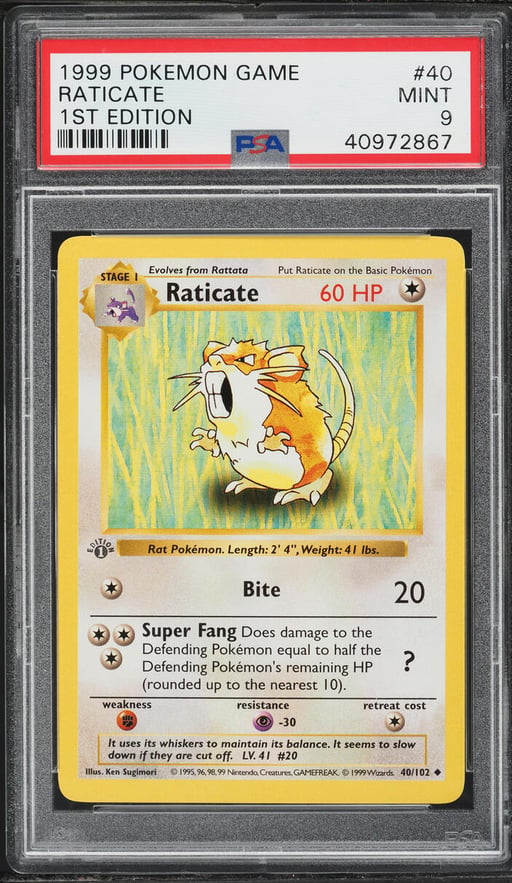 1999 Pokemon Base Set Holo Shadowless 1st Edition Raticate #40 PSA 9 MINT