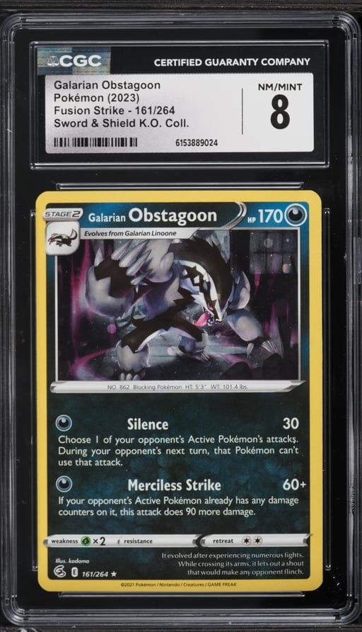 2023 Pokemon Sword & Shield Fusion Strike K.O. Collection Galarian Obstagoon #161 CGC 8 NM-MT