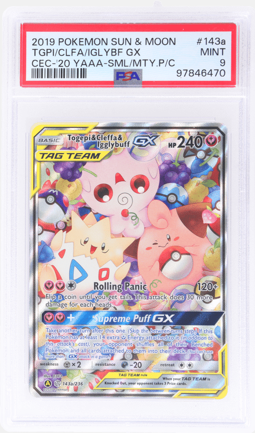 2019 Pokemon Sun and Moon Cosmic Eclipse Small But Mighty Premium Collection 2020 Yellow A Alternate Art Cleffa/Igglybuff/Togepi Gx #143A PSA 9