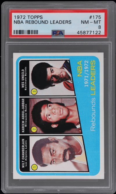 1972 Topps Kareem Abdul-Jabbar/Wes Unseld/Wilt Chamberlain #175 PSA 8
