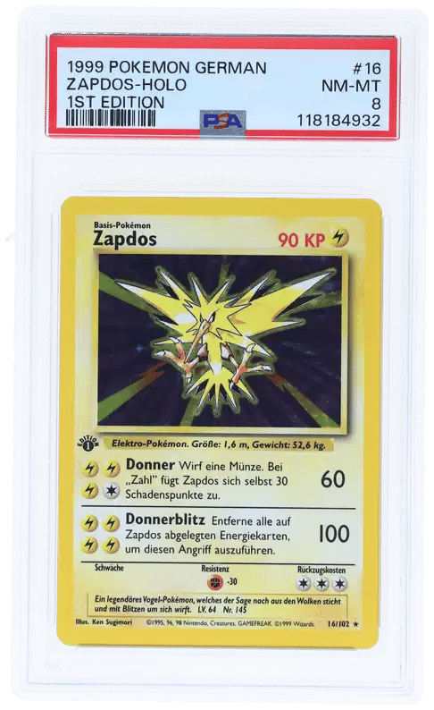 1999 POKEMON GERMAN #16 ZAPDOS-HOLO 1ST EDITION PSA 8