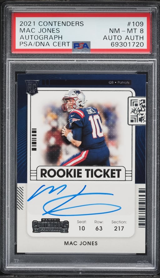 2021 Panini Contenders Ticket Mac Jones ROOKIE AUTO DNA AUTH #109 PSA 8 NM-MT