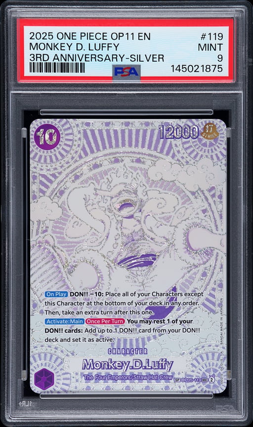 2025 ONE PIECE OP11-A FIST OF DIVINE SPEED 119 MONKEY D. LUFFY 3RD ANNIVERSARY-SILVER PSA 9