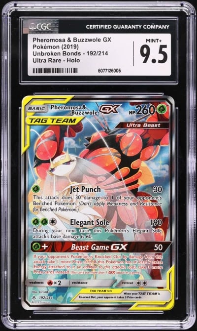 2019 Pokemon Sun & Moon Unbroken Bonds Pheromosa & Buzzwole GX #192 CGC 9.5