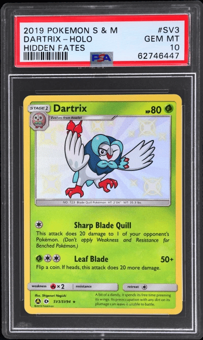 2019 Pokemon Sun and Moon Hidden Fates Holo Shiny Vault Dartrix #SV3 PSA 10