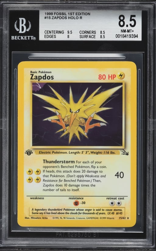 1999 Pokemon Spanish Fossil 1st Edition Holo Zapdos #15 BGS 8.5 NM-MT+