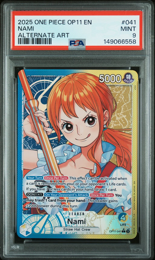 2025 ONE PIECE OP11-A FIST OF DIVINE SPEED 041 NAMI ALTERNATE ART PSA 9