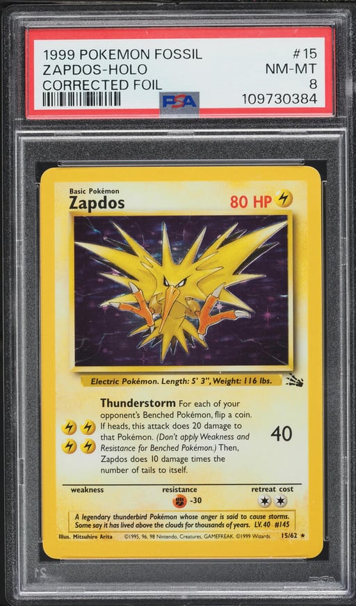 1999 Pokemon Fossil Corrected Holo Zapdos #15 PSA 8 NM-MT