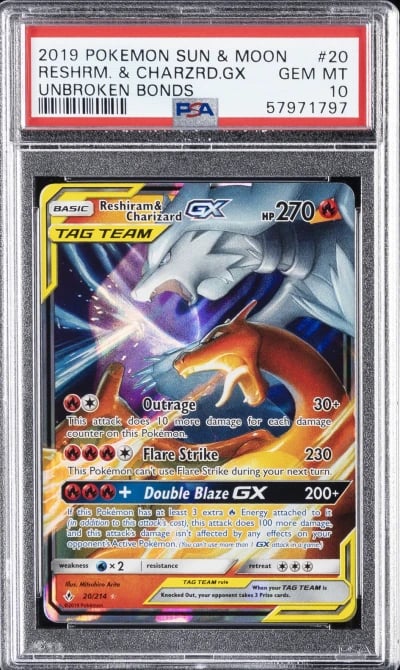 2019 POKEMON SUN & MOON UNBROKEN BONDS #20 RESHIRAM & CHARIZARD GX PSA 10