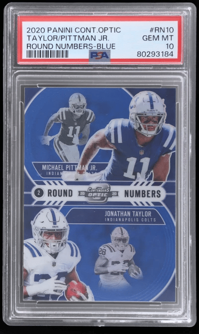 2020 Panini Contenders Optic Round Numbers Blue Jonathan Taylor/Michael Pittman Jr. #RN10 46/99 PSA 10