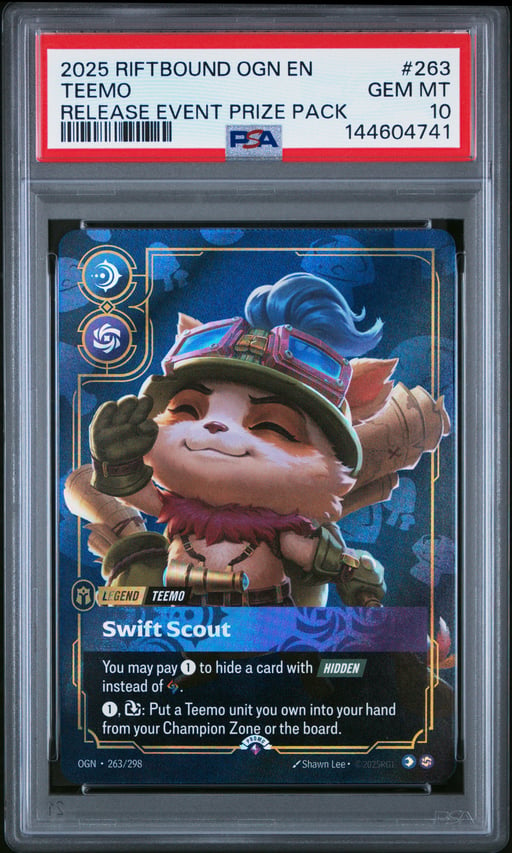 2025 RIFTBOUND: LEAGUE OF LEGENDS OGN-ORIGINS 263 TEEMO - SWIFT SCOUT RELEASE EVENT PRIZE PACK PSA 10