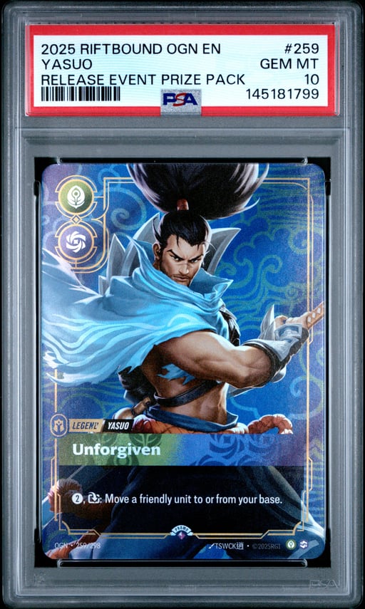 2025 RIFTBOUND: LEAGUE OF LEGENDS OGN-ORIGINS 259 YASUO - UNFORGIVEN RELEASE EVENT PRIZE PACK PSA 10