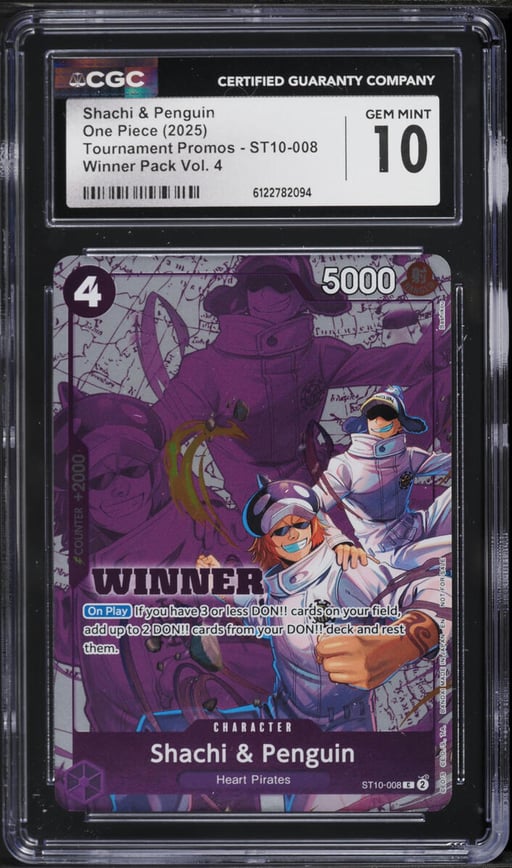 2025 One Piece Tournament Promos Winner Pack Vol. 4 Shachi & Penguin #ST10-008 CGC 10 GEM MINT