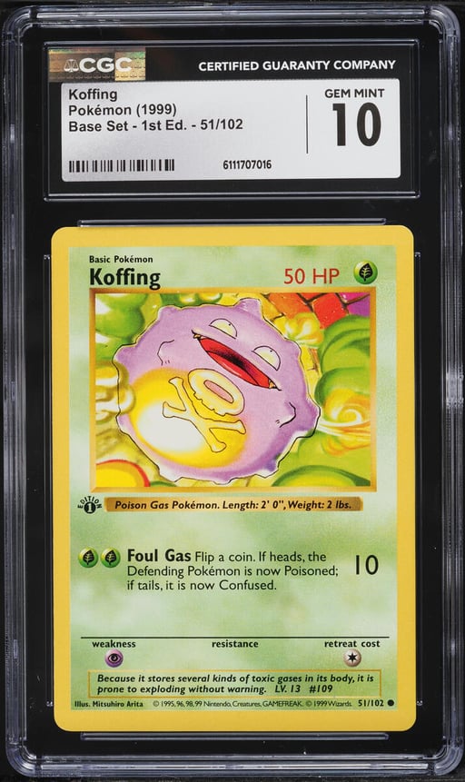 1999 Pokemon Base Set Shadowless 1st Edition Koffing #51 CGC 10 GEM MINT