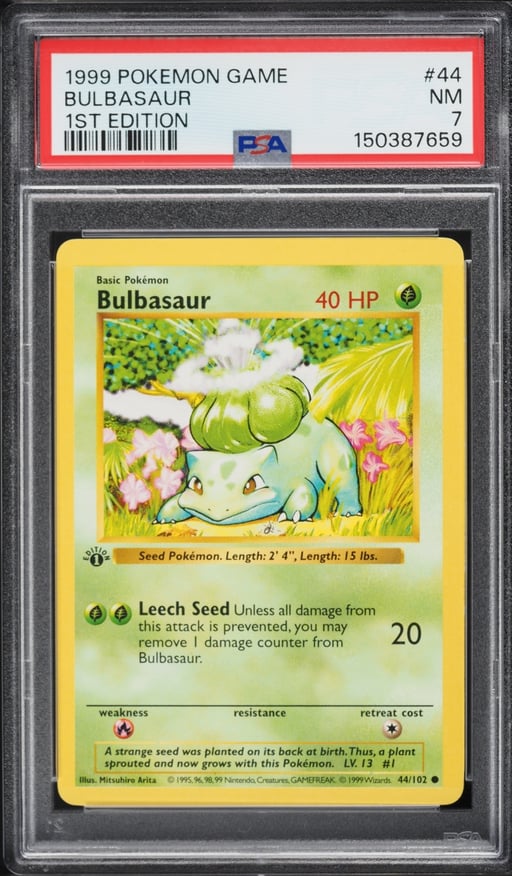 1999 Pokemon Base Set 1st Edition Shadowless Bulbasaur #44 PSA 7 NRMT