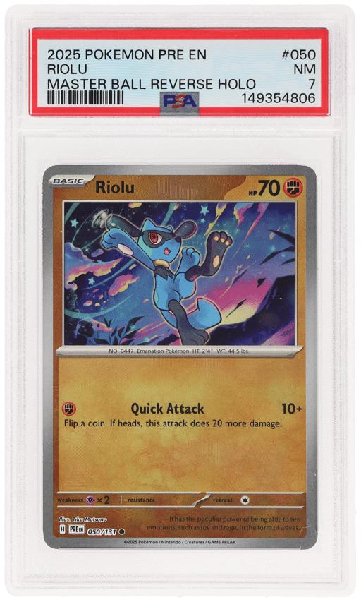 2025 Pokemon Prismatic Evolutions Master Ball Reverse Holo Riolu #050 PSA 7
