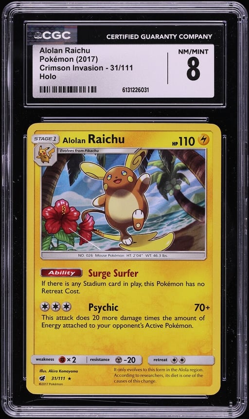 2017 Pokemon Sun & Moon Crimson Invasion Holo Alolan Raichu #31 CGC 8 NM-MT