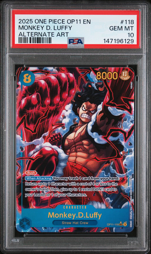2025 ONE PIECE OP11-A FIST OF DIVINE SPEED 118 MONKEY D. LUFFY ALTERNATE ART PSA 10