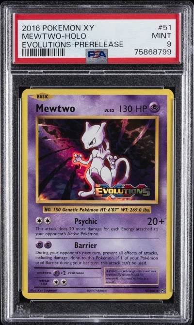 2016 POKEMON XY EVOLUTIONS PRERELEASE #51 MEWTWO-HOLO PSA 9