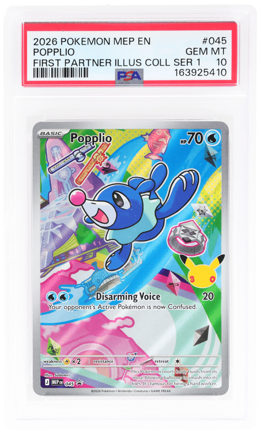 2026 Pokemon Mega Evolution Black Star Promo First Partner Illustration Collection Series 1 Stamp 30th Anniversary Popplio #45 PSA 10