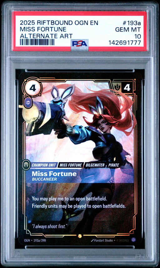 2025 RIFTBOUND: LEAGUE OF LEGENDS OGN-ORIGINS 193a MISS FORTUNE - BUCCANEER ALTERNATE ART PSA 10